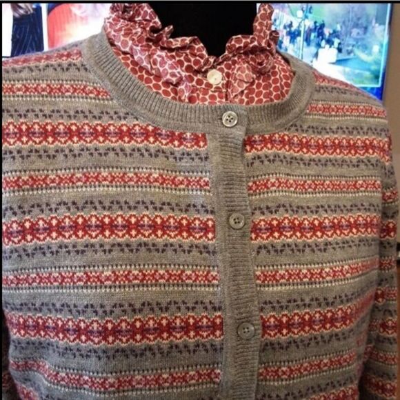 G.H Bass Cardigan And Blouse Two Piece Set Nordic Knit Gray Red Sz L - Picture 7 of 12